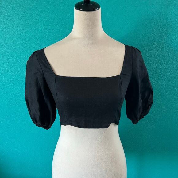Reformation Yucca Black Linen Cropped Top Smocked Back Puff Sleeve Size 0 - Picture 2 of 5